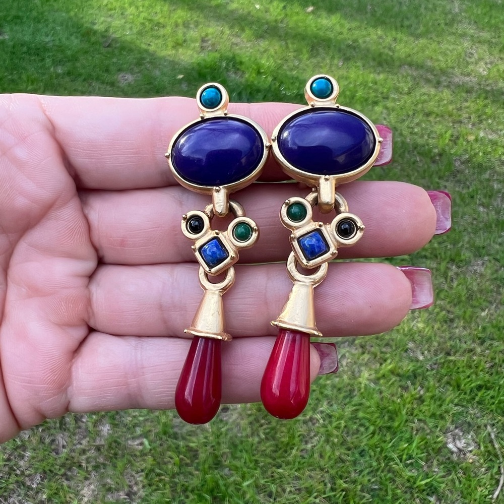 Colorful 1980’s Etruscan Signed LAZULI Clip On Designer Statement Earrings